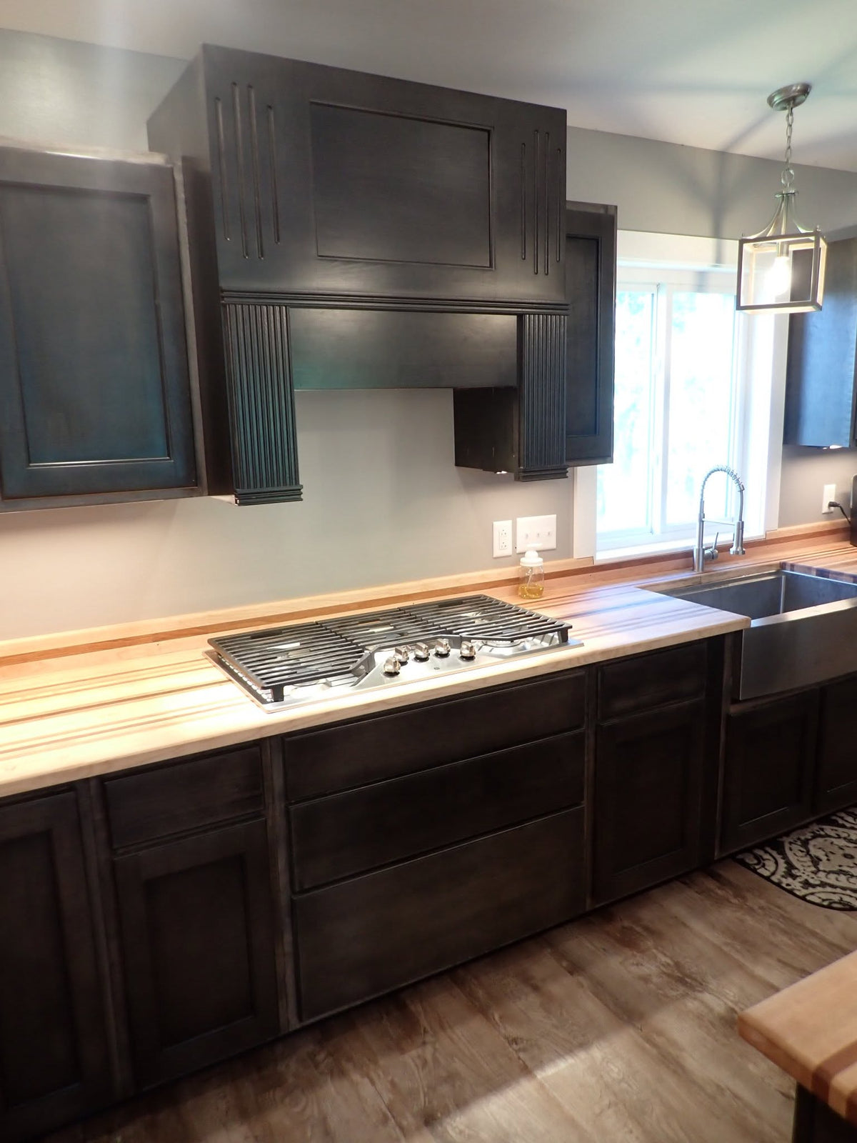 Charcoal Maple Kitchen Cabinets and Wood Countertop